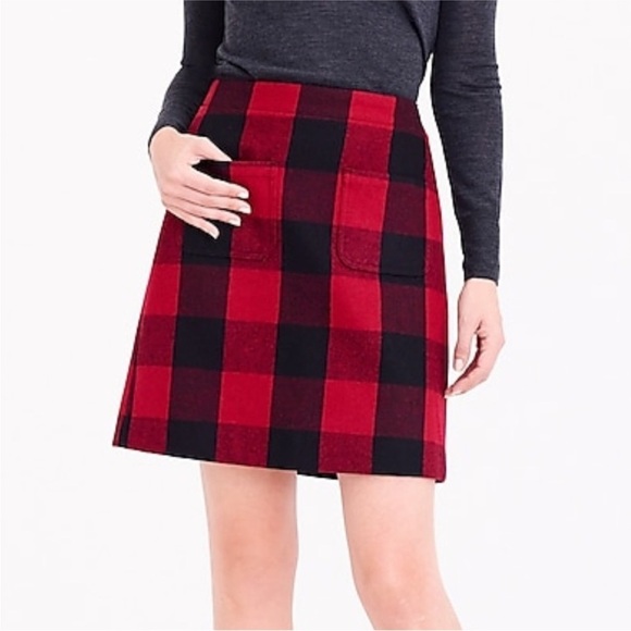 J.Crew Factory Wool Blend Harvest Plaid Buffalo Red Black Mini Skirt Size 12 - Picture 2 of 16